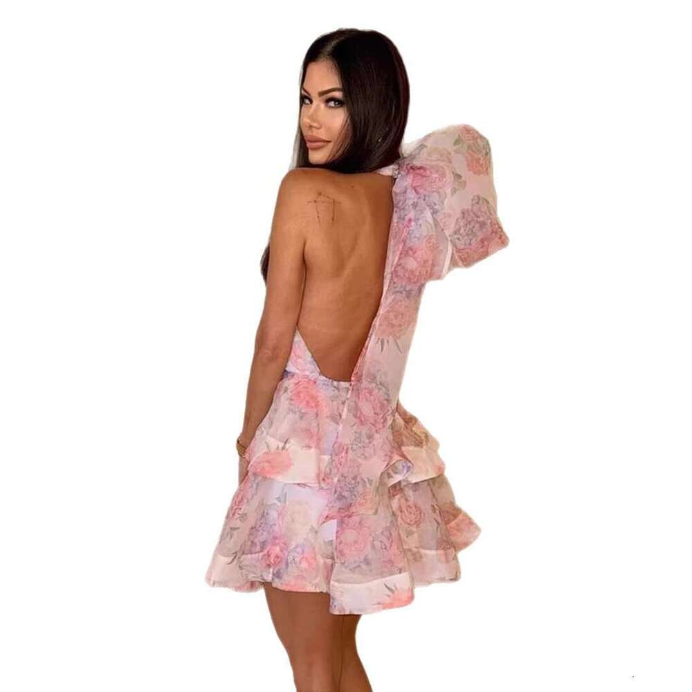 2026 Spring/Summer Cross-Border Foreign Trade New French Sweet Floral Print Waist-Cinching Short Dress with Stand Collar