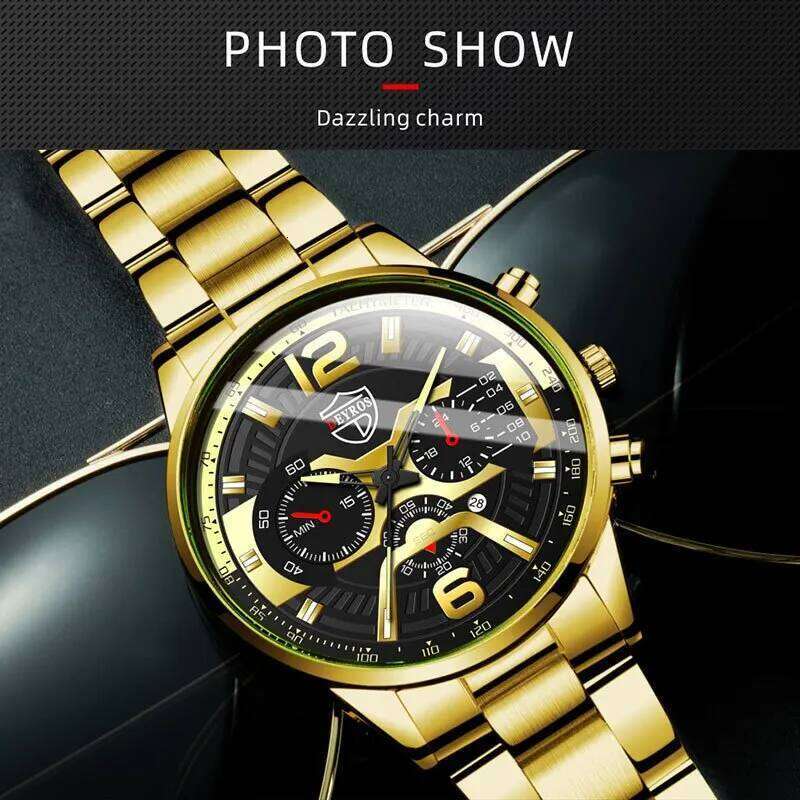 6P/Set Golden Quartz Men, Gold Business Casual Fashion Watch Set for Men