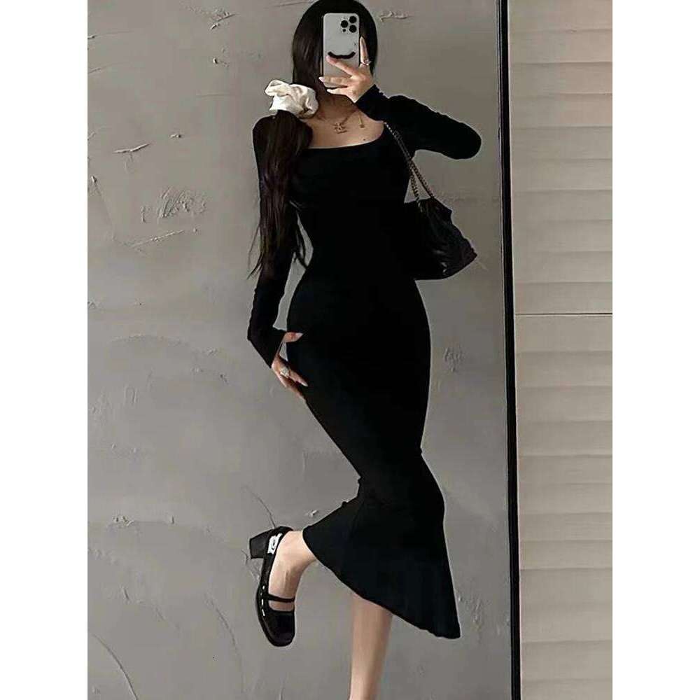Ribbed Solid Sleeve Square Neck Skinny Bodycon Dress Women Autumn Sexy Evening Party Elegant Vestido Ladies Long Dresses C260311