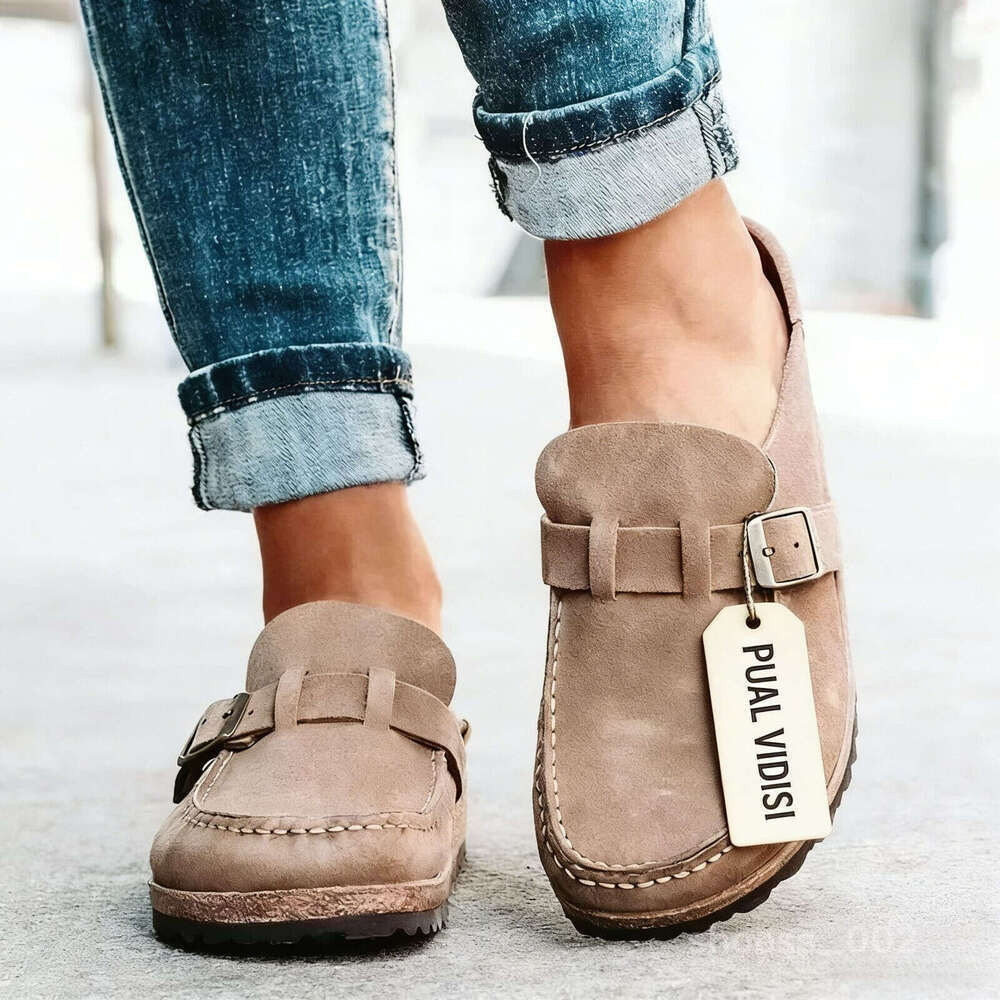 Designer Slippers Women's Solid Color Mules Round Suede Fashion Gifts Clog Sandal Casual Closed Toe Slip On Buckle Strap Design Vintage Flat Ladi - view 3