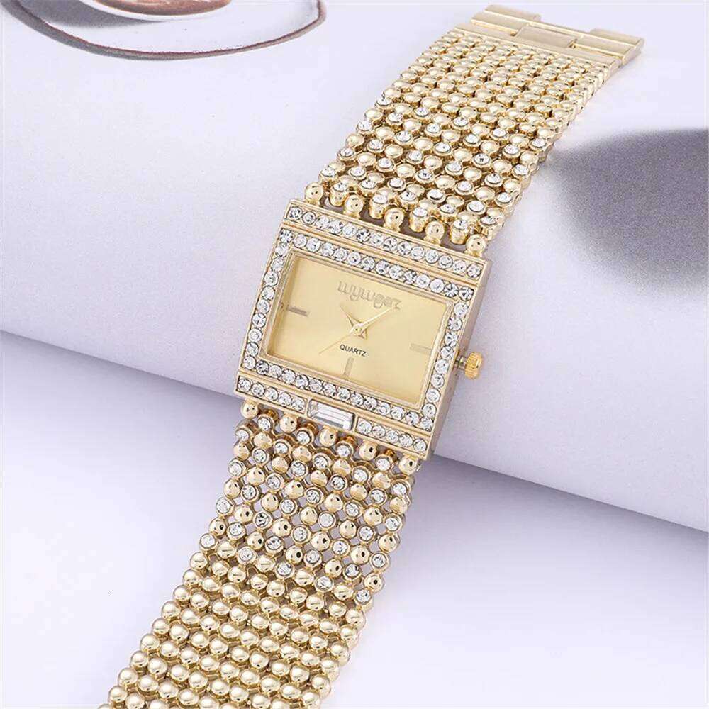 Luxury Simple Square Diamond Encrusted Quartz Watch Gold Skeleton Fashion Women's Clock Gift Dress Wristwatch