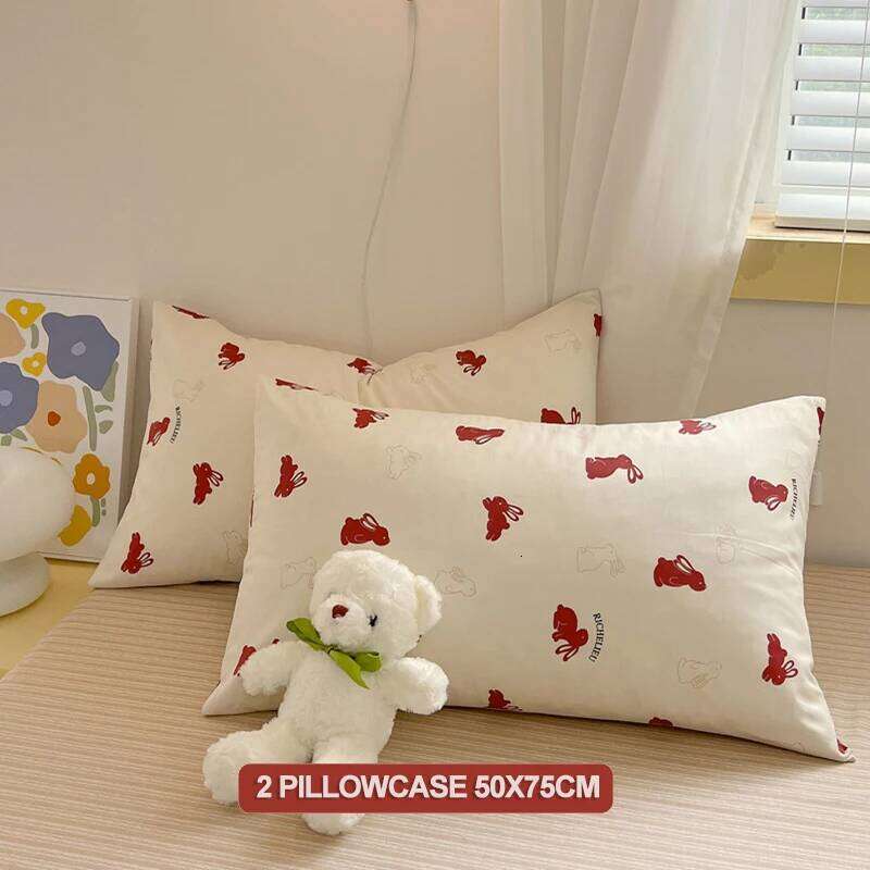 100% Cotton Set Set- Red Bunny & Striped Design Duvet Cover with 2 Pillowcases, Soft Breathable Bedding H260312