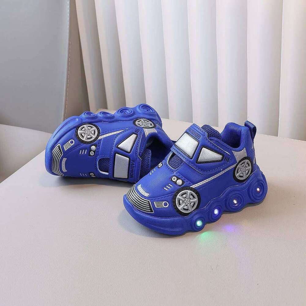 Diseny Kids'Casual Led Light Car Club Cartoon PU Leather Spring For Children Anti-slip Red Blue Shoes Size 21-30 H260312