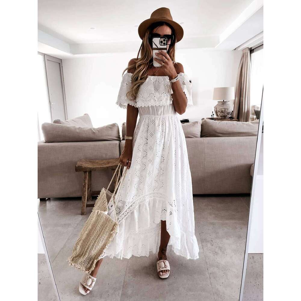 Summer White for Women 2025 Lace Hem Bohemia Short Sleeve High Waist V-Neck Long Casual Ruffle Dress C260312