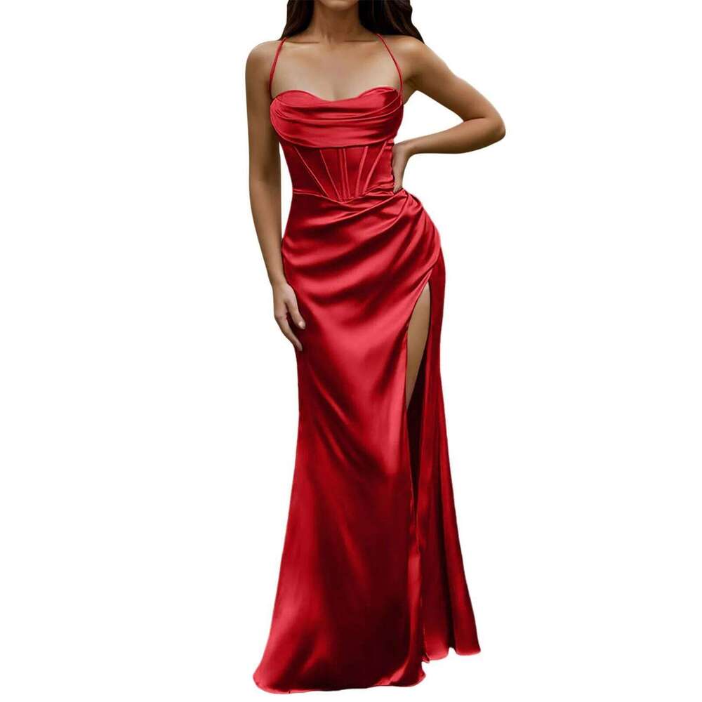 Green Women's Lace Up Backless High Slit Corset Maxi Dress Elegant Vestidos Slim Fishbone Formal Dresses For Wedding Guest C260312