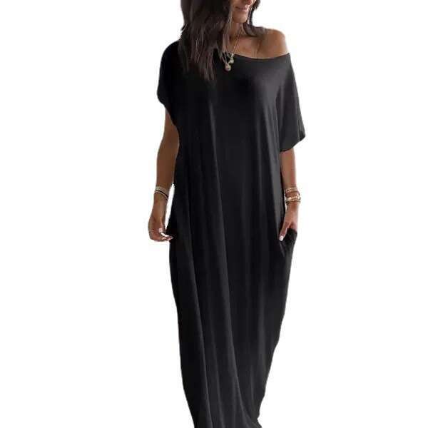 Popular foreign trade product: European and American summer new women's solid color short-sleeve long casual dress