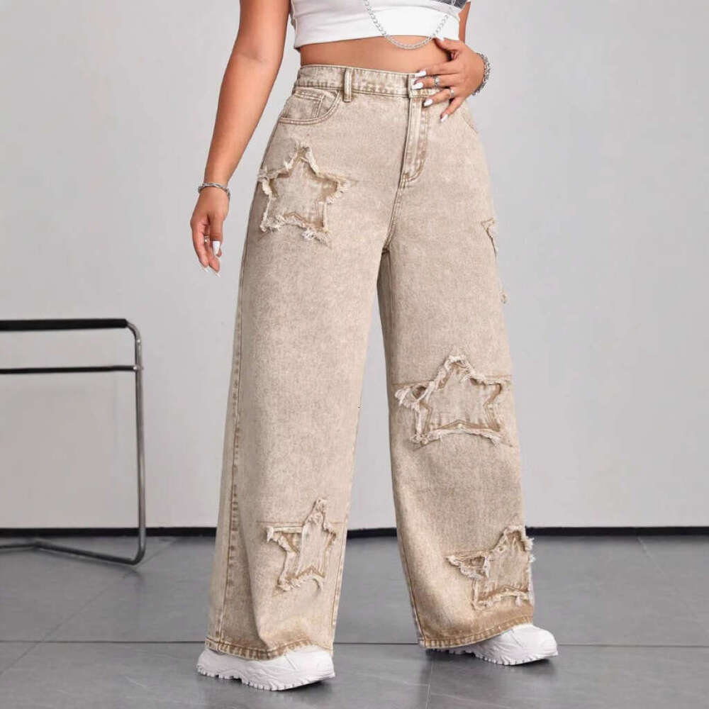 Women'S Denim Wide-Leg Jeans, Embroidered Star Details, Raw Edges, Straight-Leg Jeans, Non-Stretch Denim With Slant Pockets
