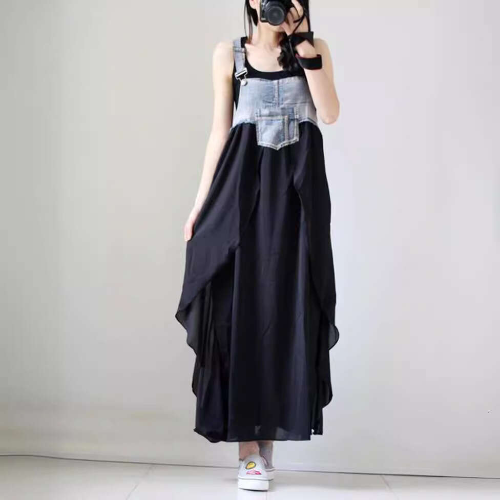 New fashion ruffled long loose-fitting European and American plus-size denim suspender skirt, large hem dress, in stock 2026