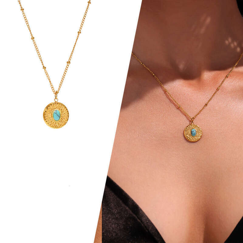 Women's Vintage Necklace: Square-shaped Ethnic Style Turquoise Pendant Necklace 18k Gold Geometric Karst Texture Round Collarbone Chain, Daily Je