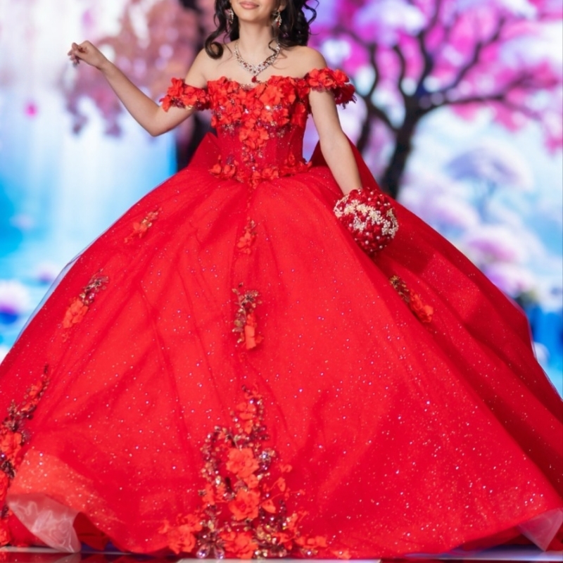 Red Ball Gown Quinceanera Dresses 2026 Applique Flower Beading Crystal Bow Tull Corset Off Shoulder Sweet 16 Dress Years Vestidos De 15 Anos