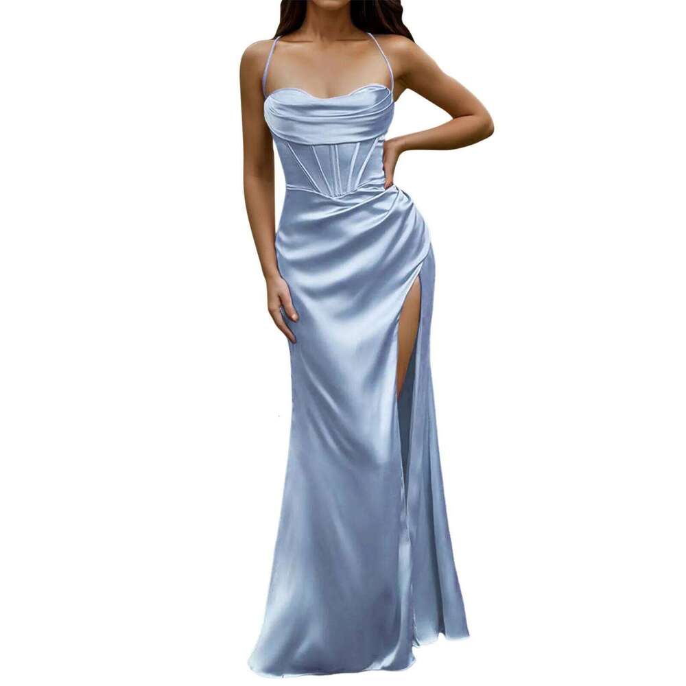Green Women's Lace Up Backless High Slit Corset Maxi Dress Elegant Vestidos Slim Fishbone Formal Dresses For Wedding Guest C260312