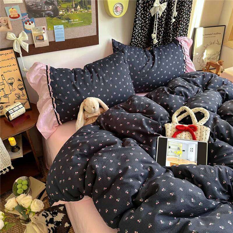 Korean Bedding Set Quilt Cover Pillowcase Flat Bed Sheet Girl Princess Ruffle Home Textile Christmas H260312