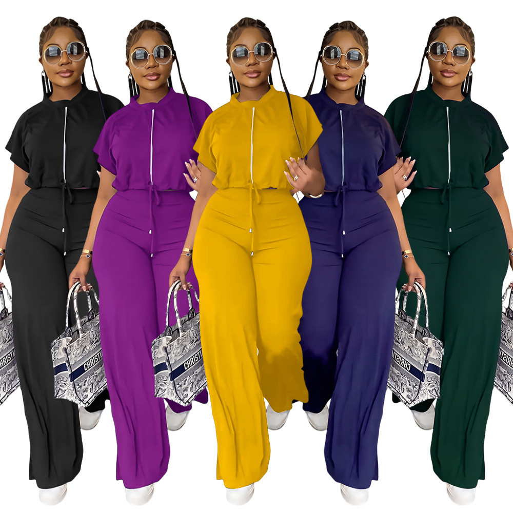 Womens Summer Drawstring Short Top and High-Waisted Slit Pants Two-Piece Set