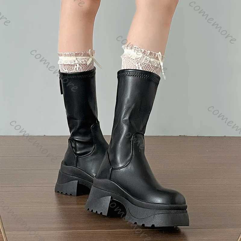 Comemore Chunky Platform Heel Women Ankle Boots Fashion Back Zippers Shoes Autumn Winter Black High Heel Leather Mid Calf Botas S260312