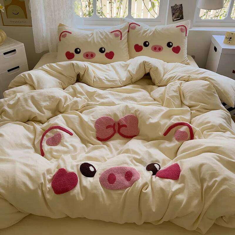 Cute Pig Bedding Set Embroidery No Filler Soft Ins Single Queen Size Duvet Cover Flat Sheet Pillowcase Girls Home Bed Linens H260312