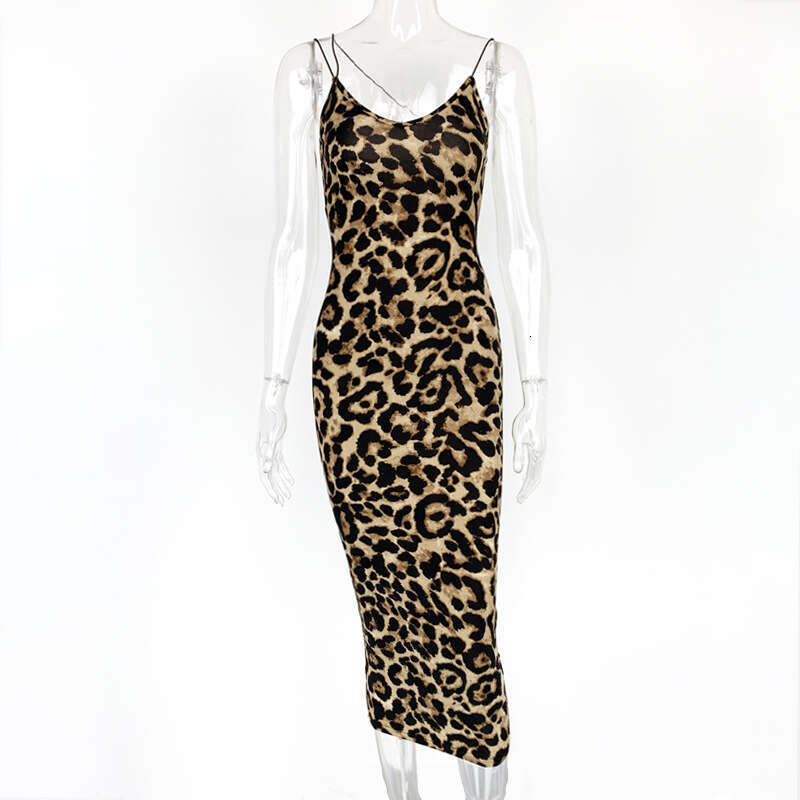 Summer New European and American Women's V-neck Backless Strap Fashion Sexy Leopard Print Dress