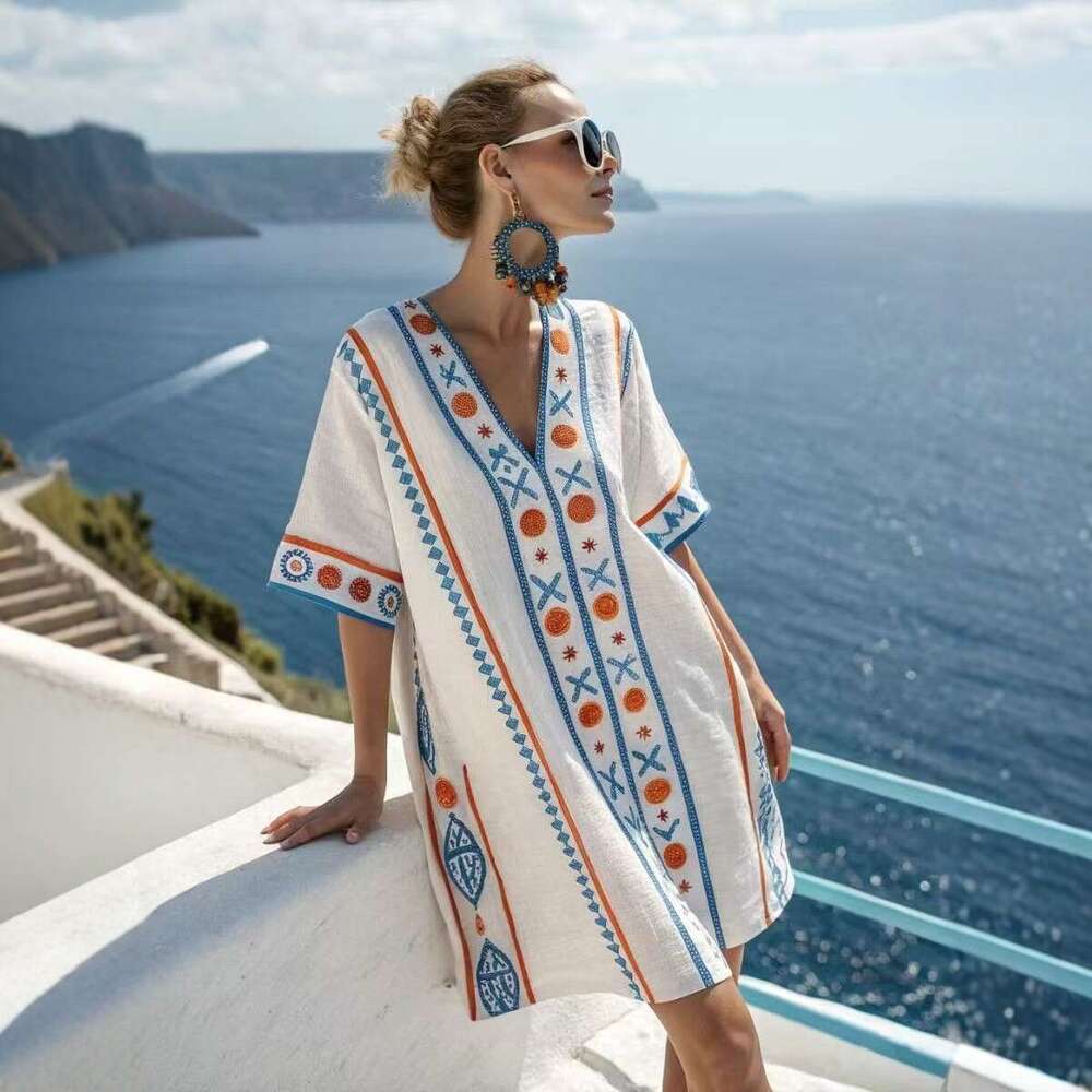 2026 New Seaside Vacation Style V-Neck Bohemian Print Loose Beach Dress Short Sleeve Sunscreen Cover-Up