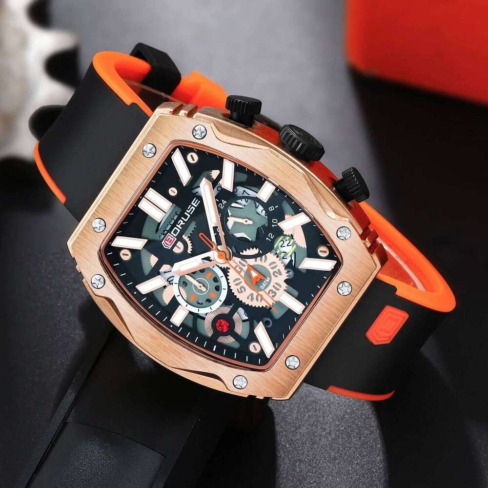 BORUSE 2Pcs/set Fashion Men's Mens Black Orange Silica Strap Necklace And Watch Male Quartz Movement Is The Best Choice