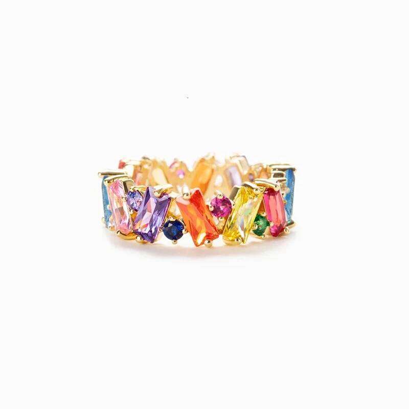 Huitan Irregualr Design Colorful Women Gold Color/Silver Color Geometric CZ Rainbow Rings Trendy Jewelry H260312