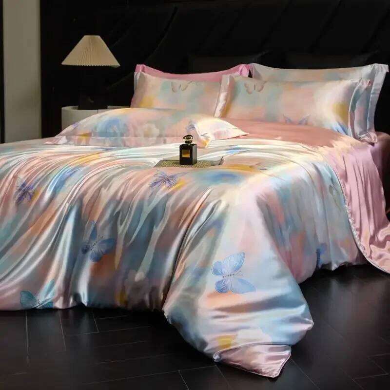 100% Natural Mulberry Silk Fitted Sheet Bedding Sets 3D Printed Satin Cooling Quilt Cover Set for Summer Single Double Bed Kit H260312