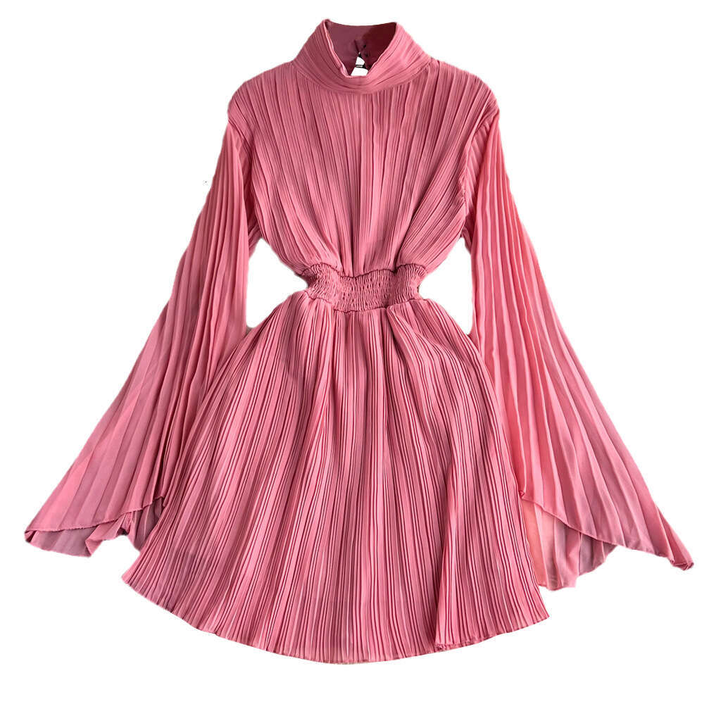 Elegant ladies' chiffon pleated skirt in autumn and winter, bell shaped sleeves, stand a18 collar, waist cinching, slim fit A-line design
