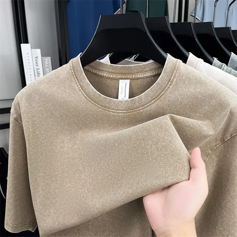 American Style Retro Heavyweight Solid Color Short Sleeved T-shirt Men Women Summer Street Trendy Washed Old Oversized Clothes 260227