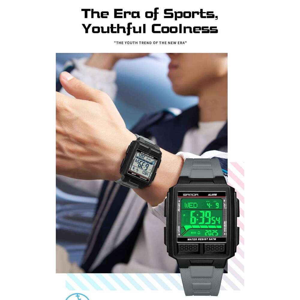 SANDA 2212 Youth Sports Electronic Watch 5ATM Waterproof Night Light Countdown Stopwatch Alarm Clock 3D Stereoscopic Case 2026
