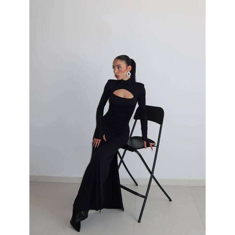 Huhugirl Sexy Sheath Women's Maxi Dresses Solid Turtleneck Regular Long Sleeves Hollow Out Slim Fit Bodycon Party Vestidos Robes C260312