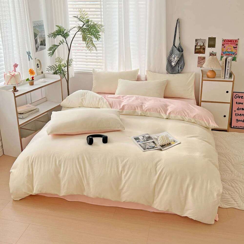 Waffle Washed Four Piece Set, Non All Pure Cotton Bedding, Student Dormitory Bed Sheets Duvet Cover Set H260312