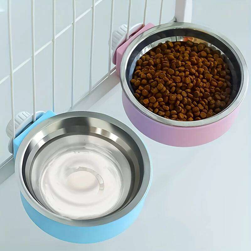 Candy-Colored Pet Cat Food Hanging Stainless Steel Dog Cage Double Bowl 26Y0312