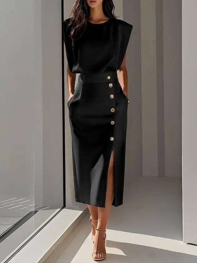 Fashion Women's Tank Elegant Single Breasted Solid Casual Trend Pockets Straight Midi Dress for Women 2025 C260312