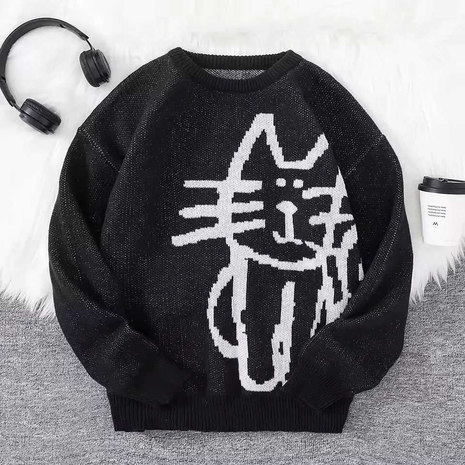 American Street Style Fashionable Loose Fitting Cat Autumn and Winter Round Neck Pullover Mens and Womens Knitted Sweater M260312
