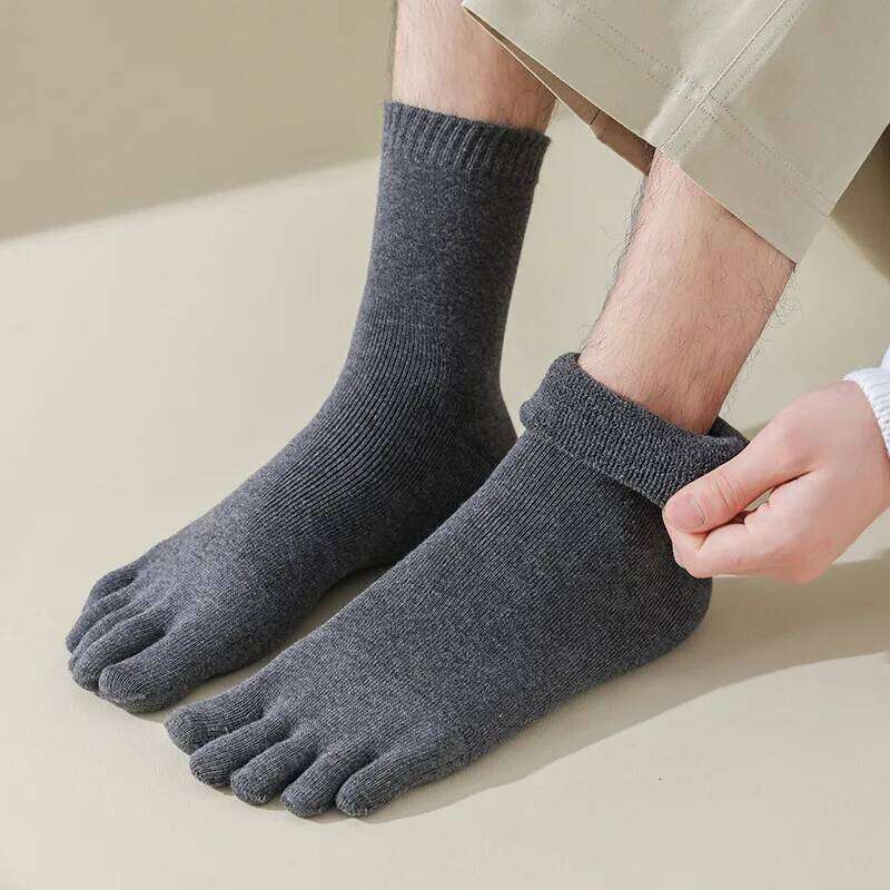 5 Pairs Winter Thick Five Finger Man Cotton Solid Business Anti-Bacterial Breathable Warm Floor Sleeping Terry Toe Socks Z260312
