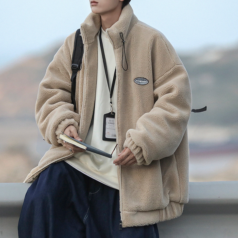 City Boy Cotton Jacket For Men Winter Fleece Lined Thickened Designer Hoodie Style Lamb Wool Coat Loose Trendy Stand Collar Cotton Jacket
