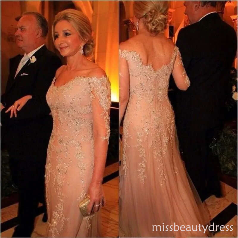 Mother Of Bride Dresses Long Sleeves Off Shoulder Lace Appliques Beaded Mermaid Formal Wedding Guest Groom Gowns M12