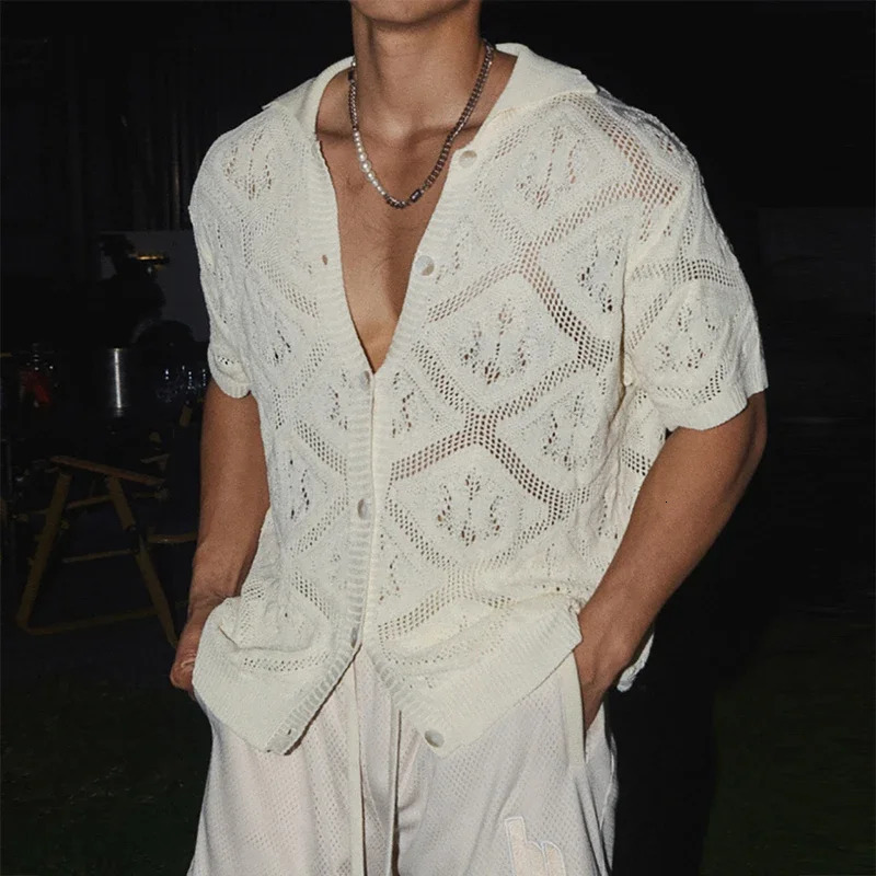 Sexy Mens Hollow Out Knit Shirt Vintage See Through Breathable Knitting Shirts Men Summer Stylish Solid Color Short Sleeve Tops 260311