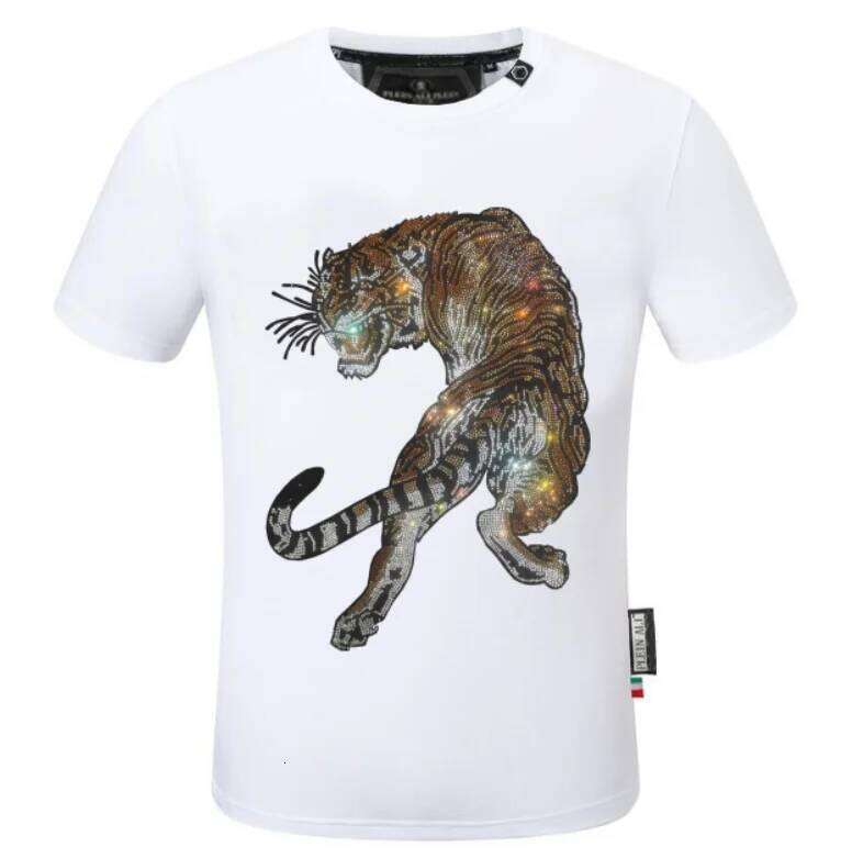Summer New Luxury Men's Fashion Skull Design Rhinestones T-Shirt Pure Cotton Crew-Neck Casual High Quality