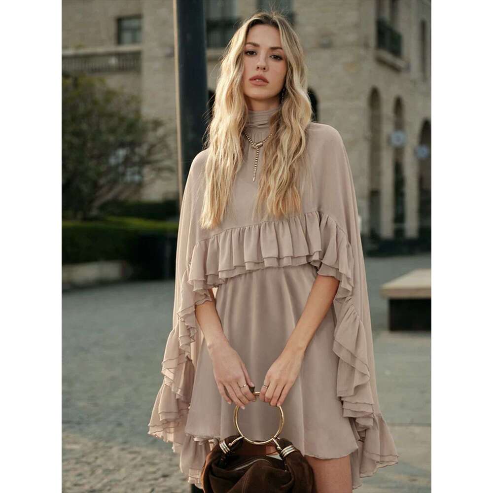 Sexy V-neck Sling Mini Skirt & Ruffle Cape Outfits Fashion Turtleneck Solid Color Loose 2Pc Suit Women Elegant Draped Party Set Asia Size