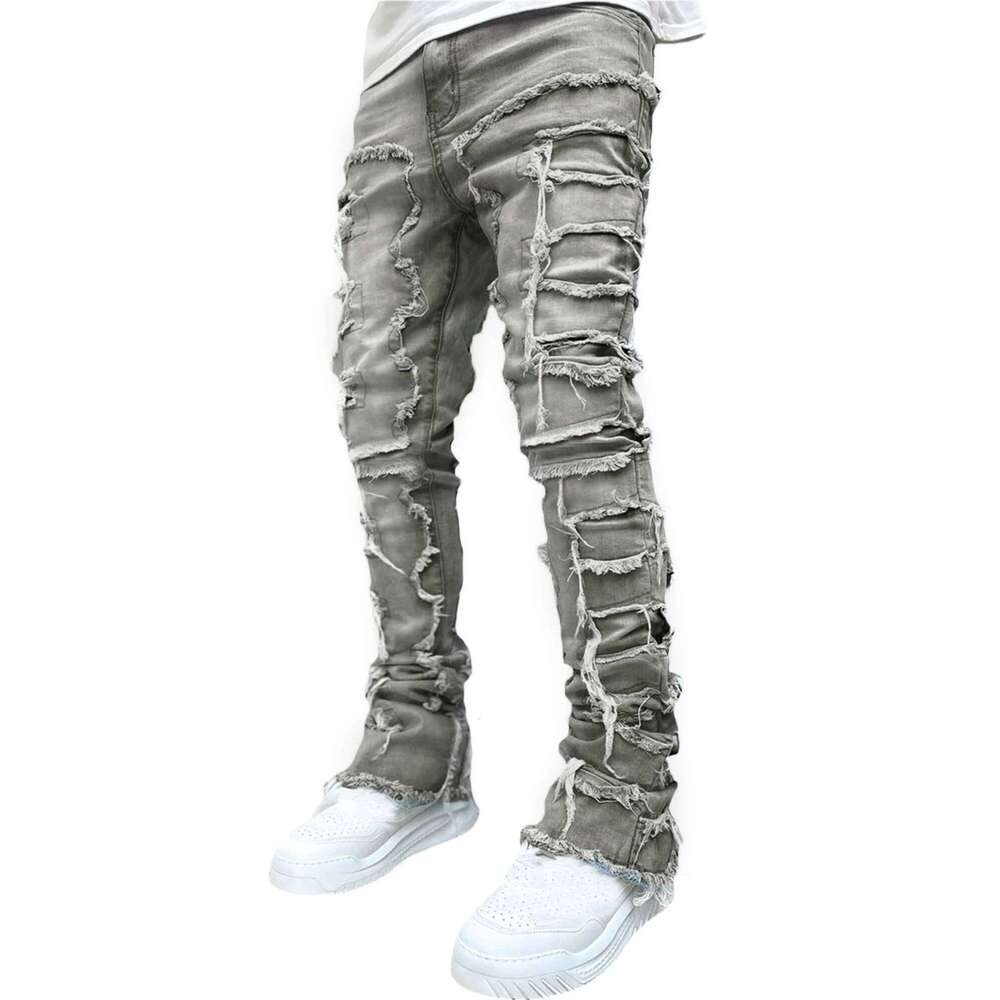 Men Skinny Vintage Patch Frayed Denim Pants Spring Fall Casual Leggings Trousers with Pockets 26Y0312
