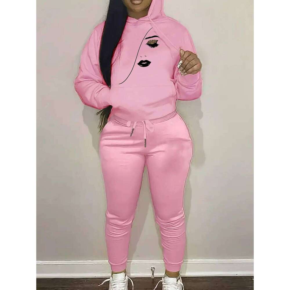 Women's autumn and winter fashionable casual eyelash eye pattern printed thick warm hooded sweatshirt+sports pants set C260312