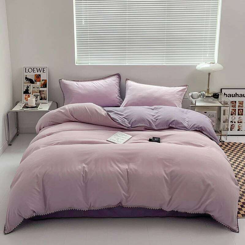 3pcs Solid Color High Quality Duvet Set Purple Comforter Cover with 2 Pillowcases Triangle Sewn Edge Design Bedding H260312