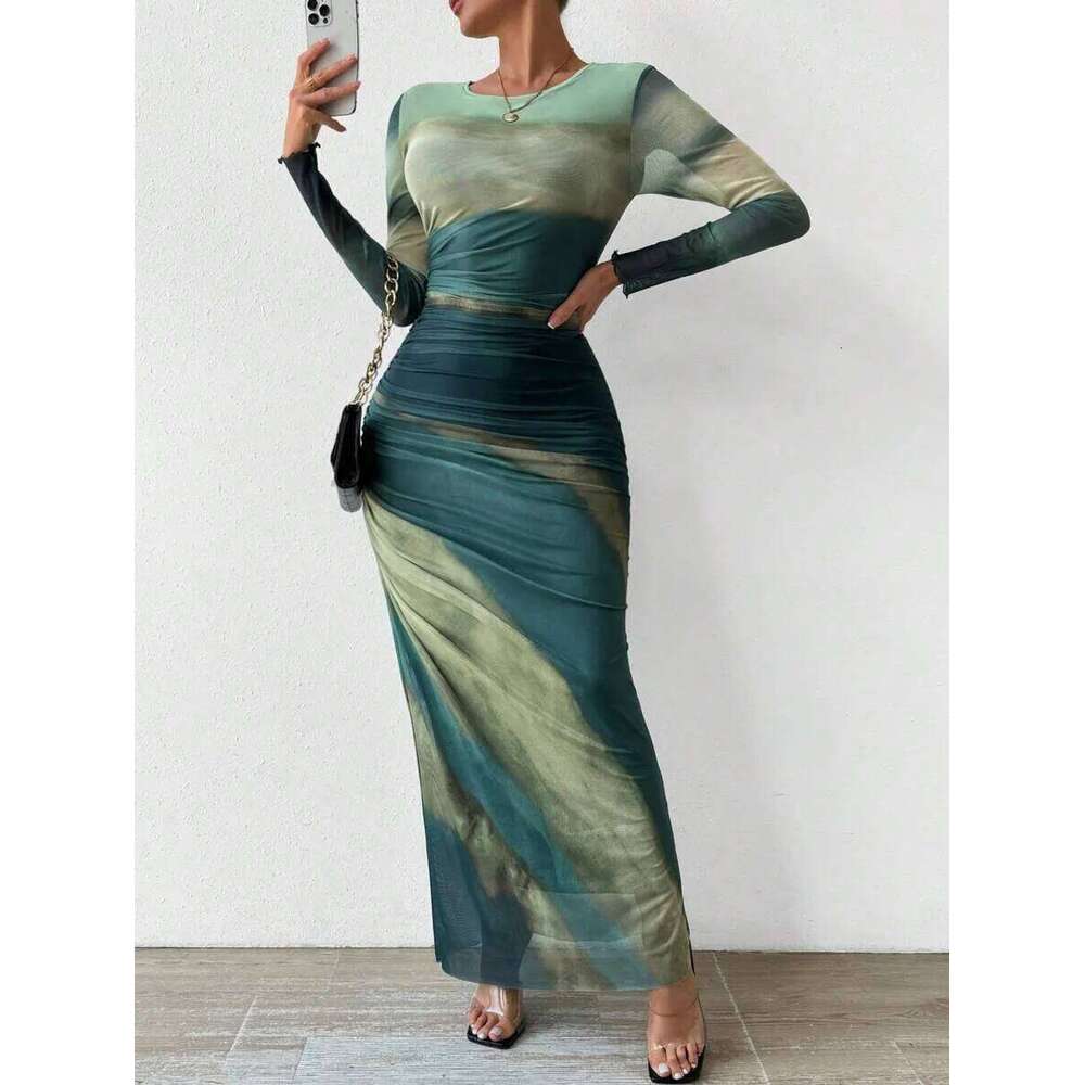 Fashionable Mesh Printed Pleated Sexy Tight Maxi Dress Woman Ruched Bodycon Elegant for Party and Evening C260312
