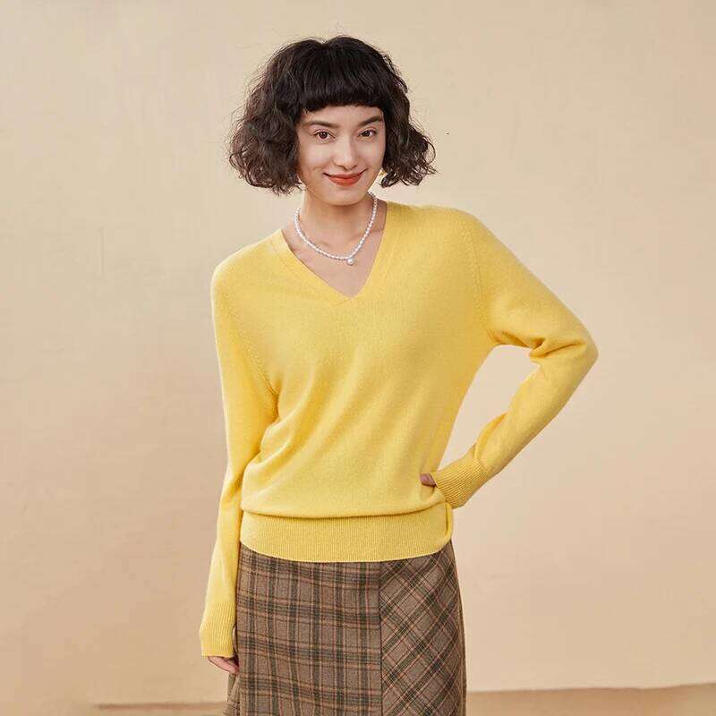 100% Sweater V-Neck Long Sleeve Pullover Spring/Autumn New Female Cashmere Knitwear Tops Basic Women's Clothing MAKOUFEI