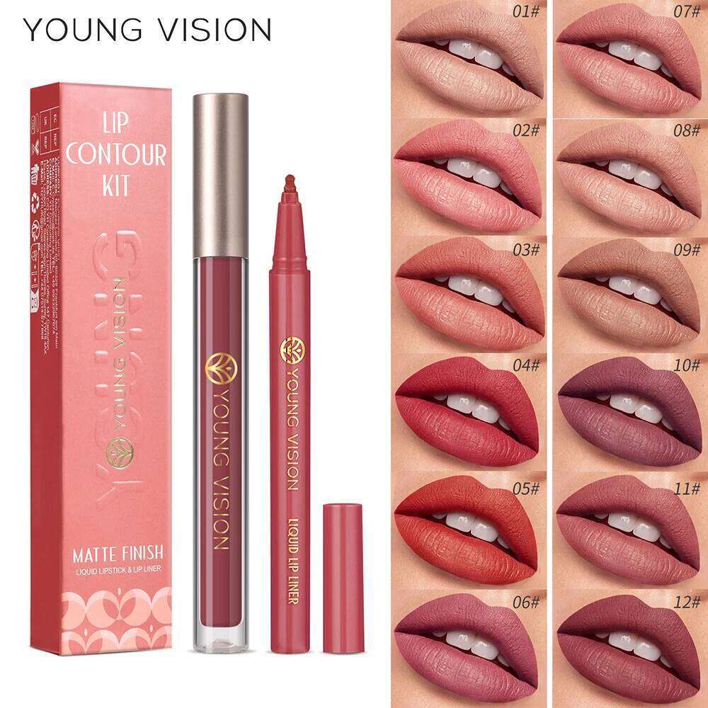 YOUNG VISION Glaze + set liquid Lip Liner Waterproof non-stick cup Moisturizing easy 12 color lip gloss W260311