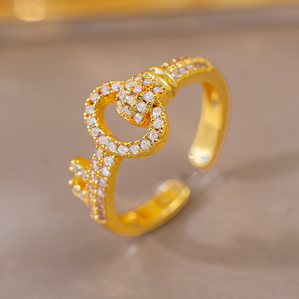 Ring Gold Plated Elegant High-End Full Zircon Key For Women Ring, Adjustable Open Ring With A Simple Sophisticated Design Ring