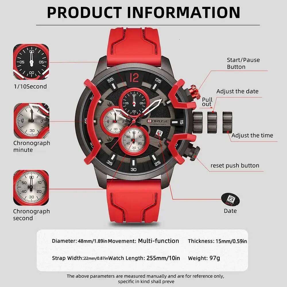 BORUSE 2Pcs/set Business Men's Quartz Watch Necklace Set Round Dial Silicone Red Strap Ideal Gift for Men