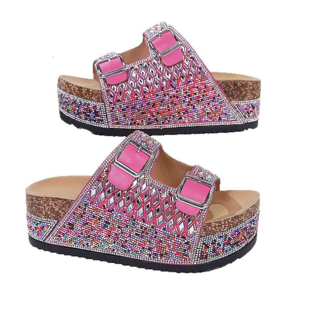 Summer New Rhinestone Beach Sandals for Women 2026, Large Size Double Buckle Cork Thick Sole Slide Sandals