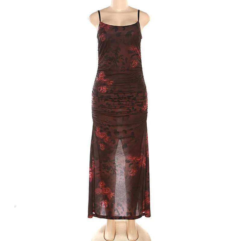Sylcue Red Printed Design Summer Party Queen Intellectuality Elegant Mature Light Cool Soft Women'S Long Dress With Suspenders C260311