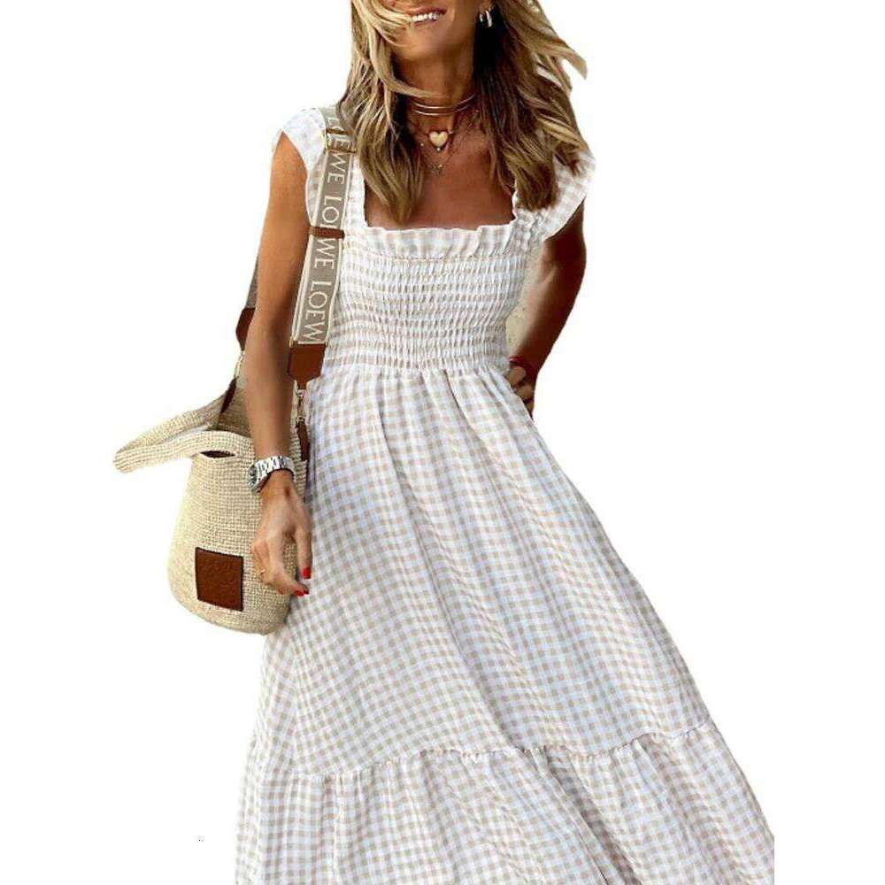 Elegant Plaid Slip Maxi Long Dress Summer Women Strapless Ruffle Backless Pleated Elastic Waist Boho Party Swing Loose Dresses C260312
