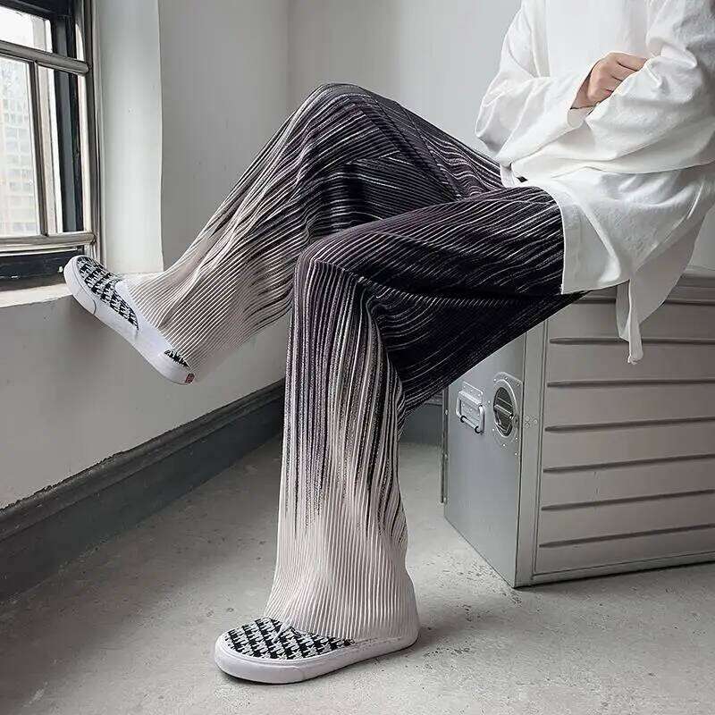 Summer Silk Pleated Man Casual Harajuku Wide Leg Oversize Streetwear Vintage Y2k Pants Clothes Trousers 2022 New
